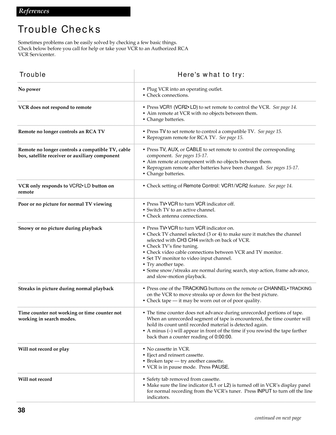 RCA VR539 manual Trouble Checks, Trouble Heres what to try 