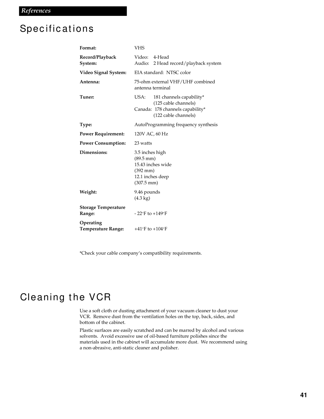 RCA VR539 manual Specifications, Cleaning the VCR 