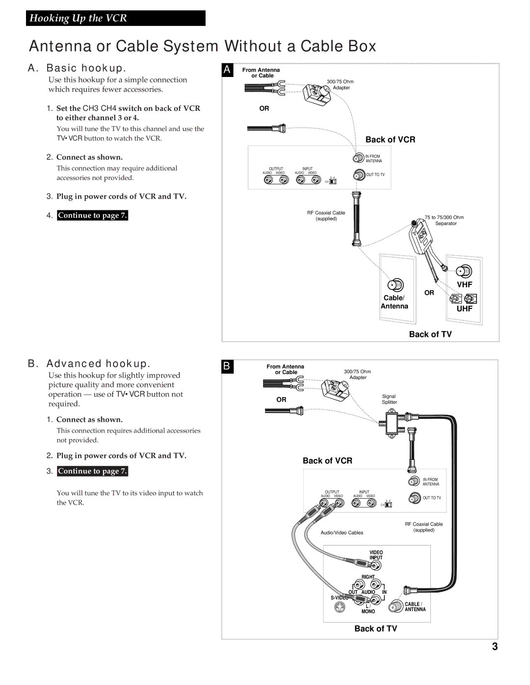 RCA VR539 manual Antenna or Cable System Without a Cable Box, Basic hookup, Advanced hookup, Connect as shown 