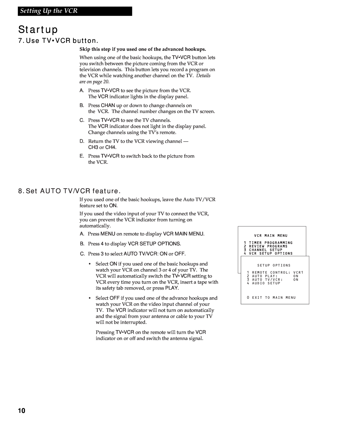 RCA VR602HF Use TVVCR button, Set AUTO TV/VCR feature, Skip this step if you used one of the advanced hookups, Startup 