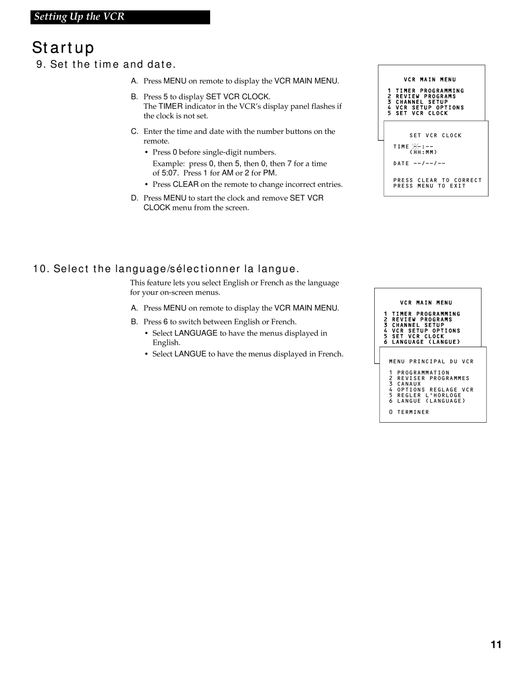 RCA VR602HF manual Set the time and date, Select the language/sélectionner la langue, Startup, Setting Up the VCR 