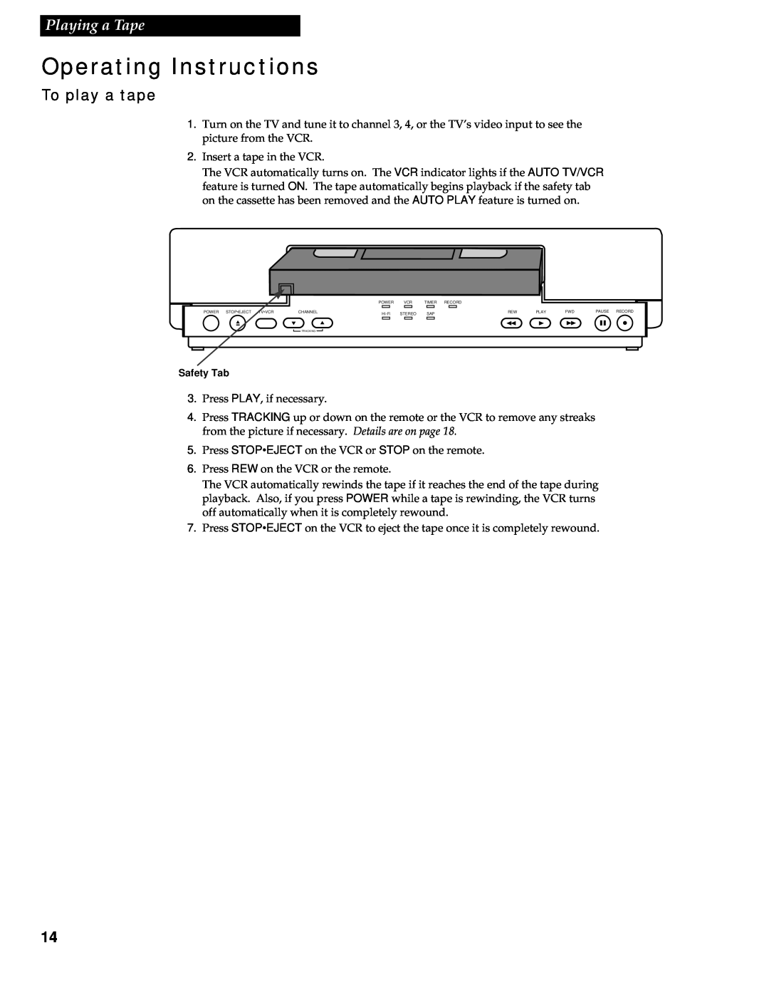 RCA VR602HF manual Operating Instructions, Playing a Tape, To play a tape 