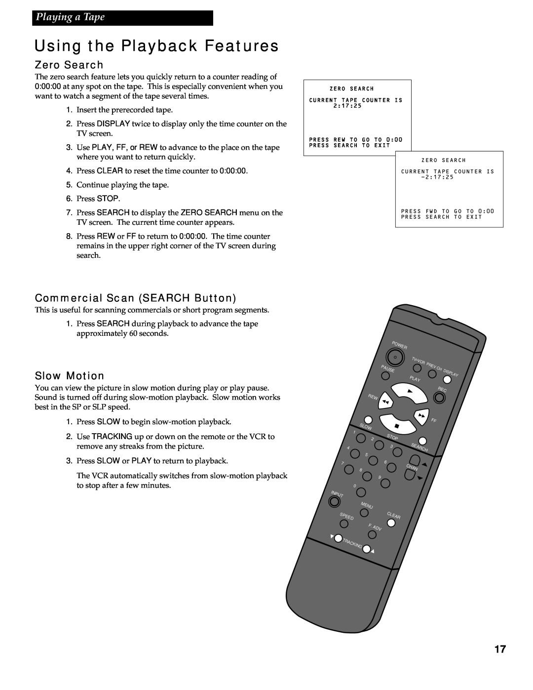 RCA VR602HF manual Zero Search, Commercial Scan SEARCH Button, Slow Motion, Using the Playback Features, Playing a Tape 