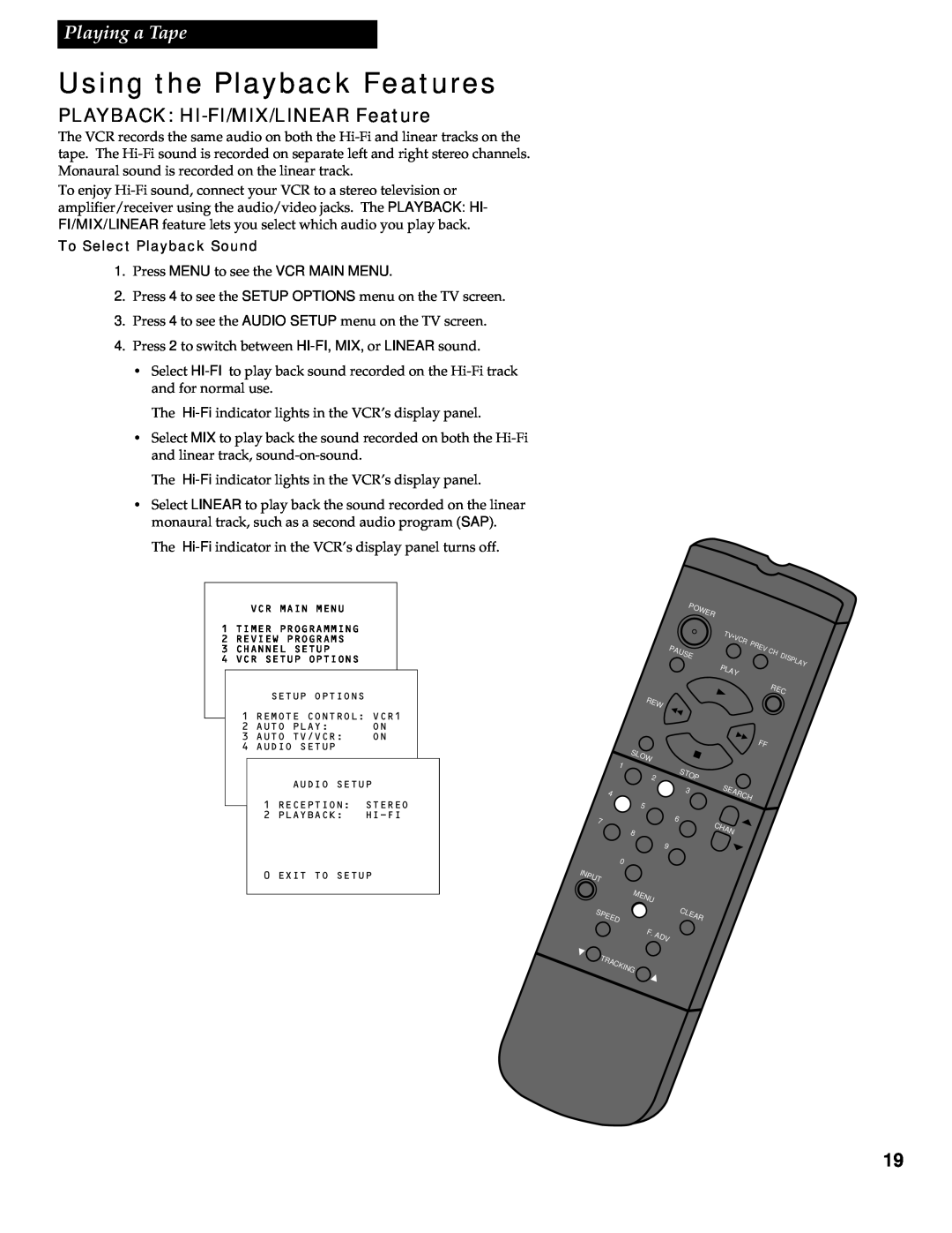 RCA VR602HF manual PLAYBACK HI-FI/MIX/LINEAR Feature, To Select Playback Sound, Using the Playback Features, Playing a Tape 