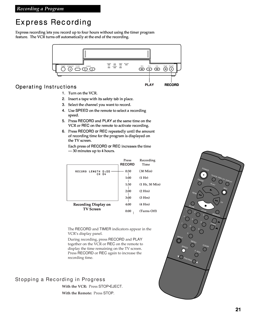 RCA VR602HF Express Recording, Operating Instructions, Stopping a Recording in Progress, Recording Display on TV Screen 