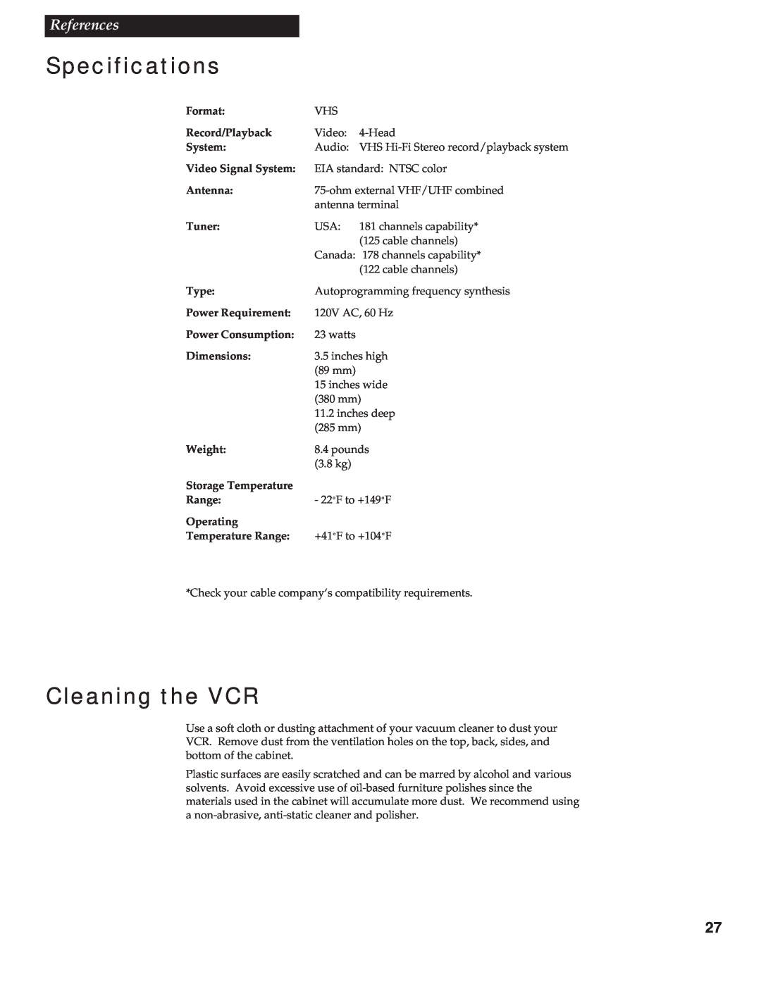 RCA VR602HF Specifications, Cleaning the VCR, References, Format, Record/Playback, Video Signal System, Antenna, Tuner 