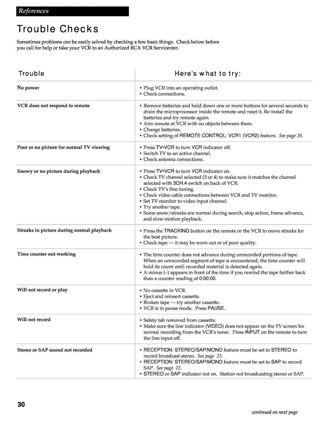 RCA VR602HF manual Trouble Checks, Heres what to try, No power, VCR does not respond to remote, Time counter not working 