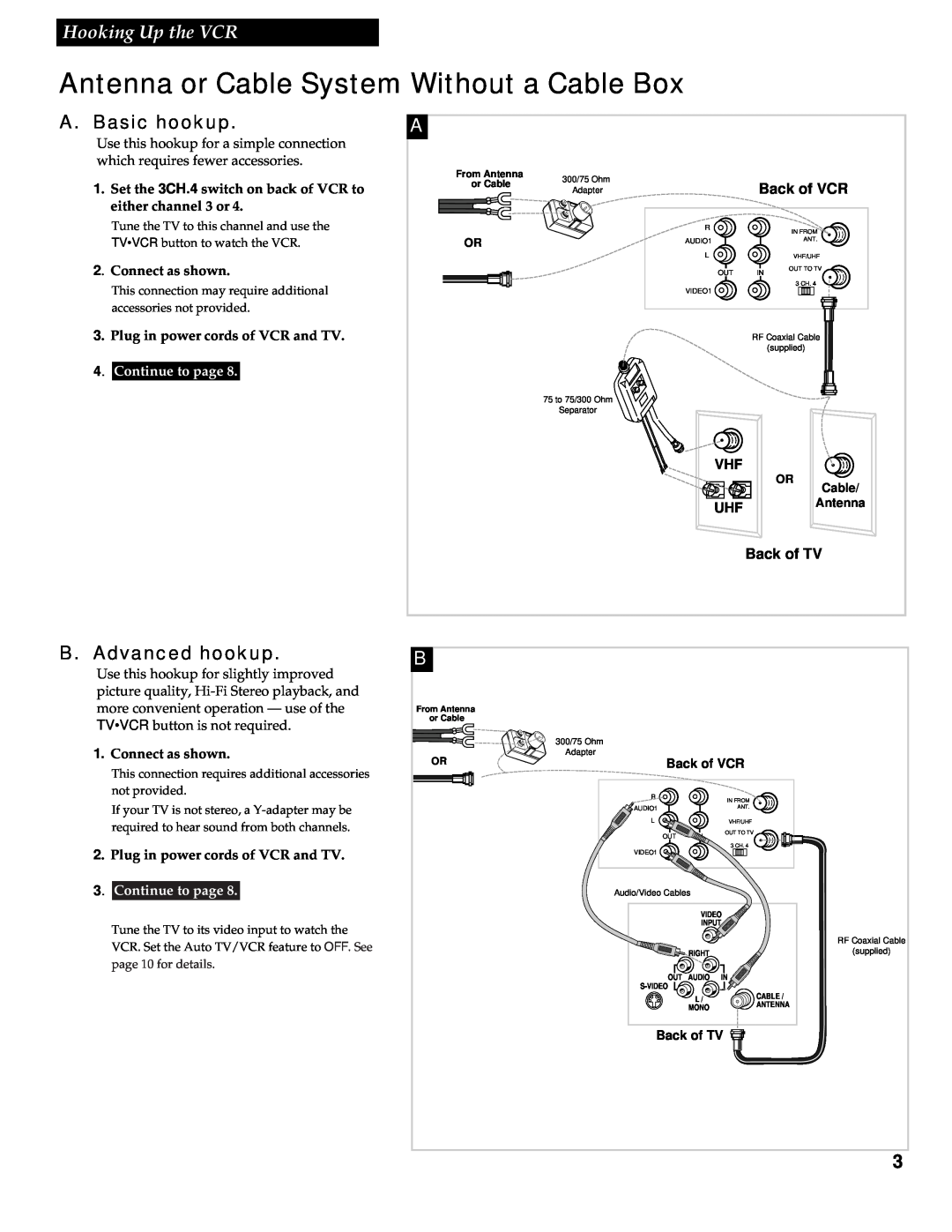 RCA VR602HF Antenna or Cable System Without a Cable Box, A. Basic hookup, B. Advanced hookup, Back of VCR, Back of TV 