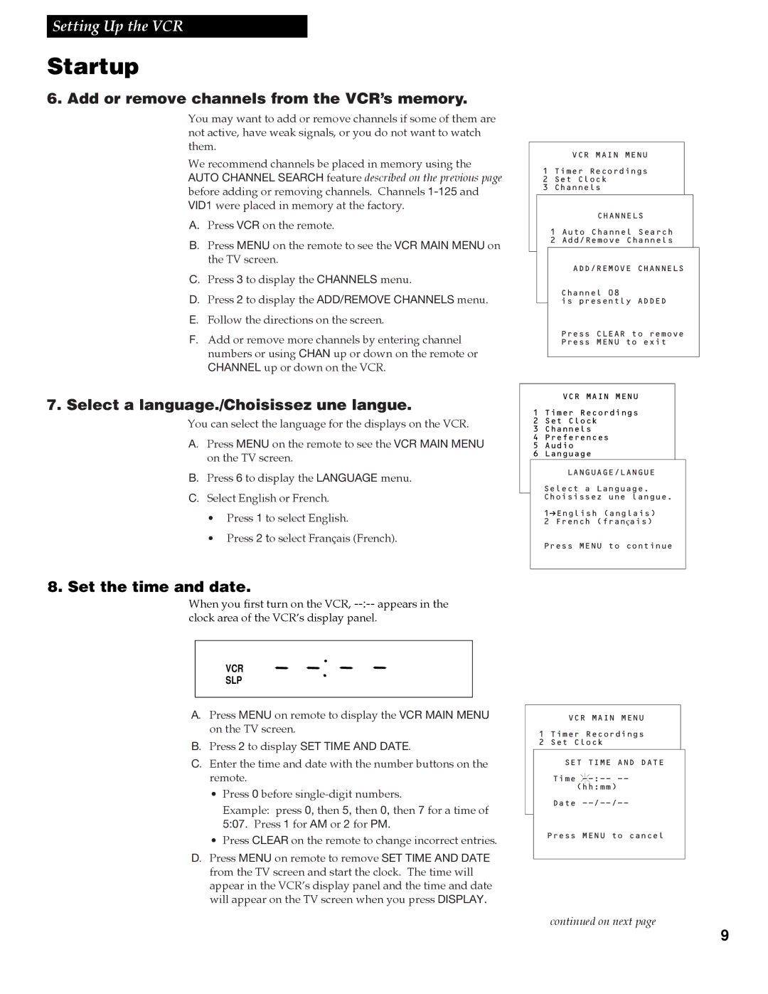 RCA VR609HF Add or remove channels from the VCR’s memory, Select a language./Choisissez une langue, Set the time and date 