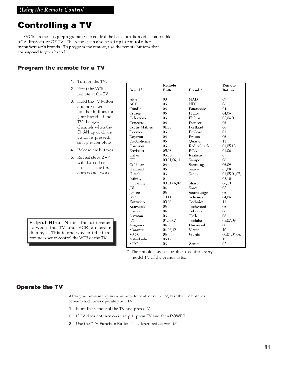 RCA VR609HF manual Controlling a TV, Program the remote for a TV, Operate the TV 