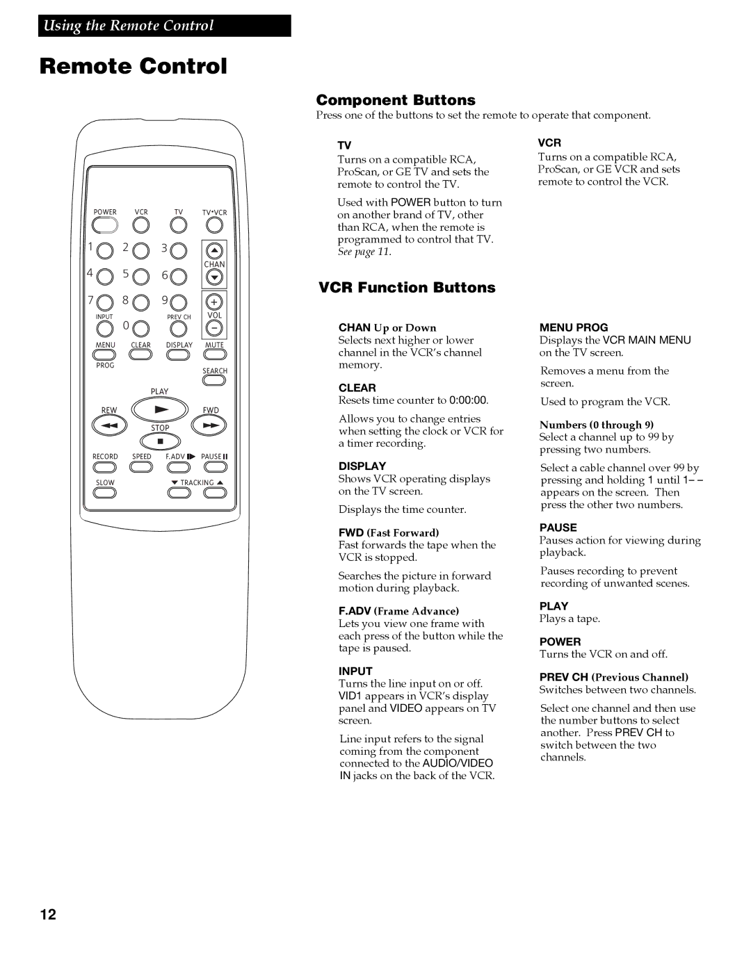 RCA VR609HF manual Remote Control, Component Buttons, VCR Function Buttons, Chan Up or Down, FWD Fast Forward 