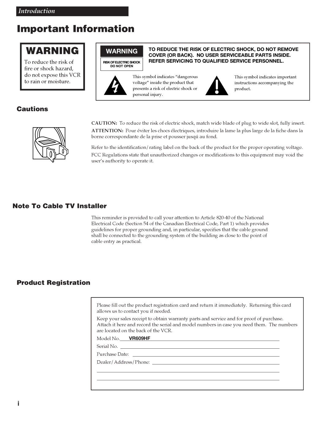 RCA VR609HF manual Important Information, Product Registration 