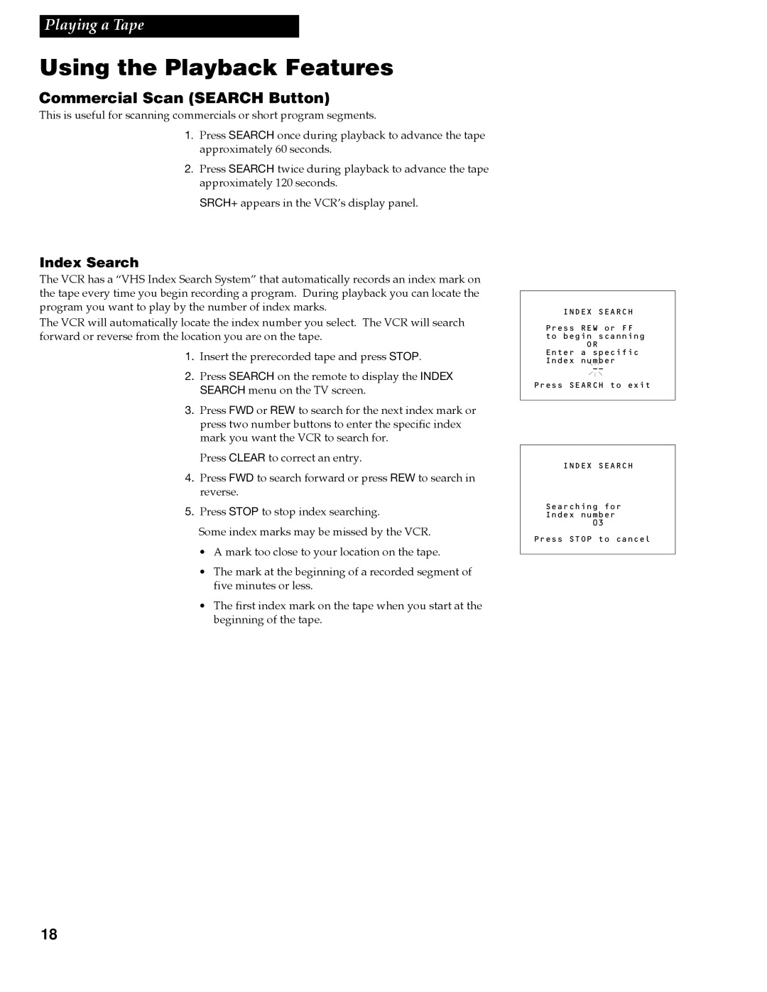 RCA VR609HF manual Commercial Scan Search Button, Index Search 