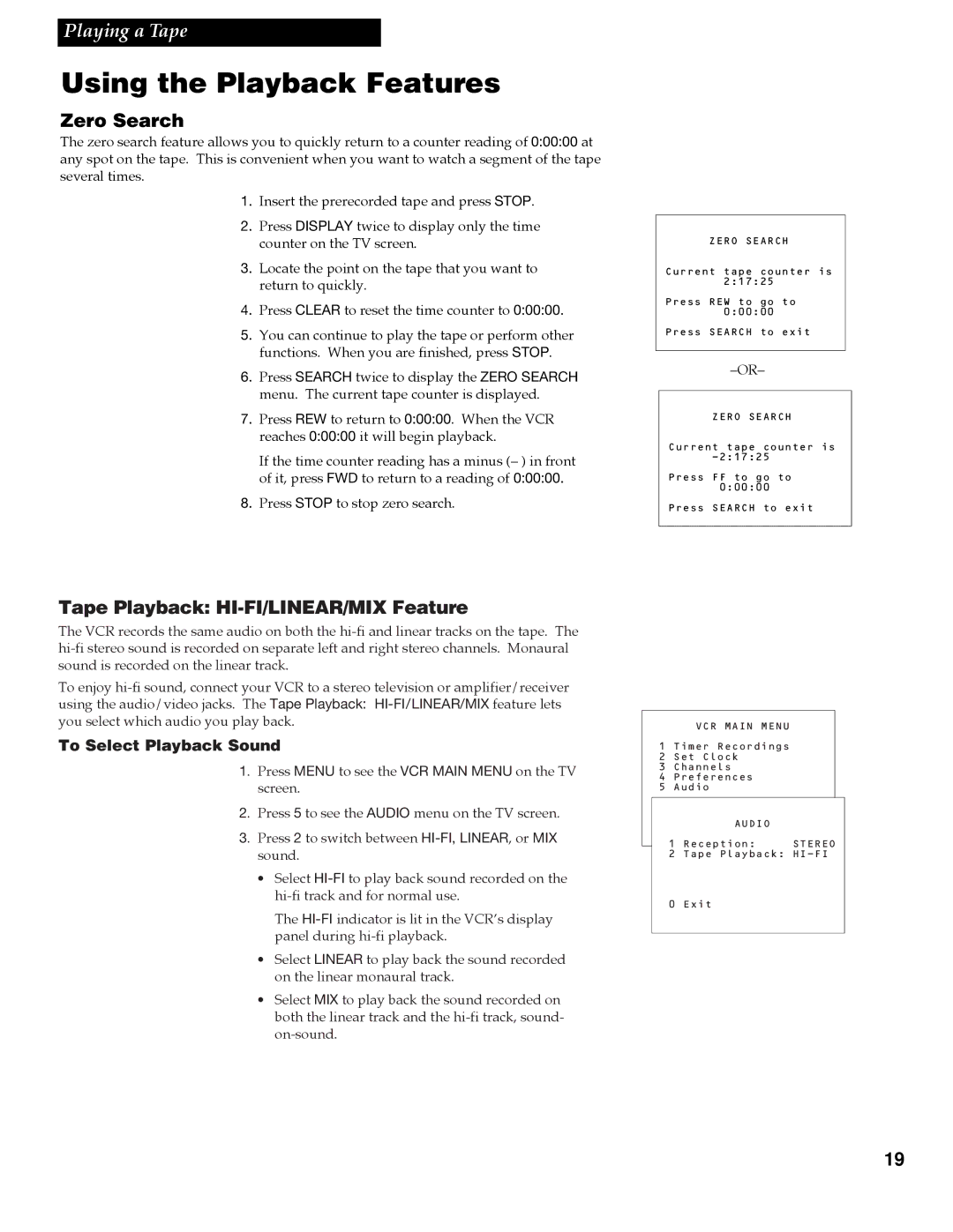 RCA VR609HF manual Zero Search, Tape Playback HI-FI/LINEAR/MIX Feature 