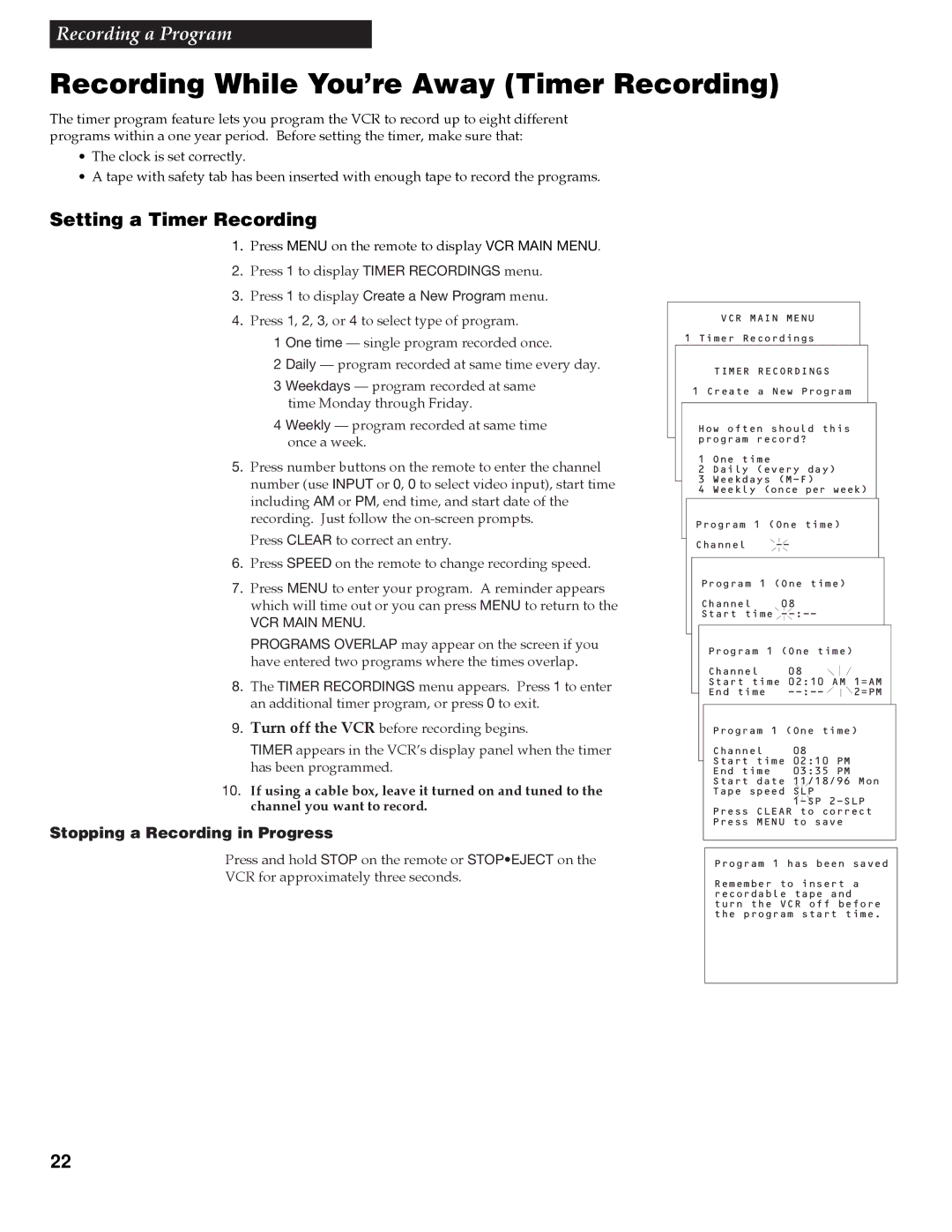 RCA VR609HF manual Recording While You’re Away Timer Recording, Setting a Timer Recording 