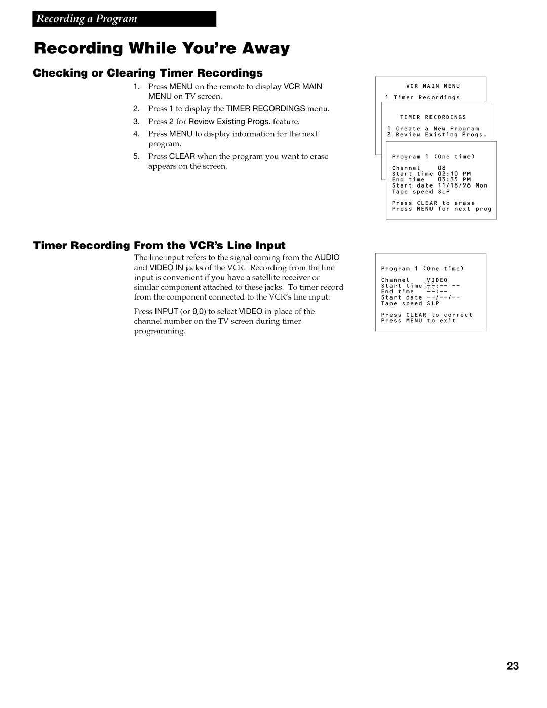 RCA VR609HF Recording While You’re Away, Checking or Clearing Timer Recordings, Timer Recording From the VCR’s Line Input 