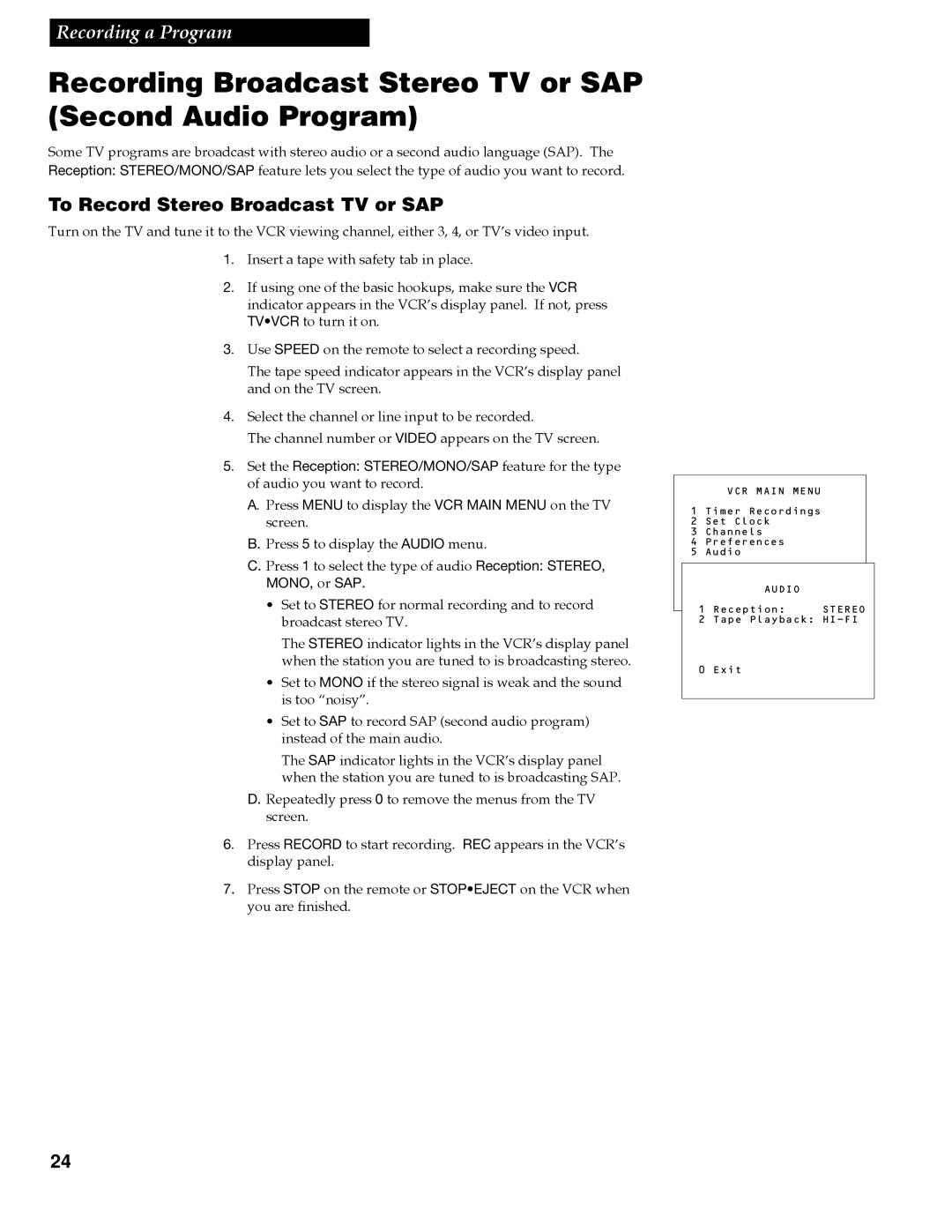 RCA VR609HF manual Recording Broadcast Stereo TV or SAP Second Audio Program, To Record Stereo Broadcast TV or SAP 