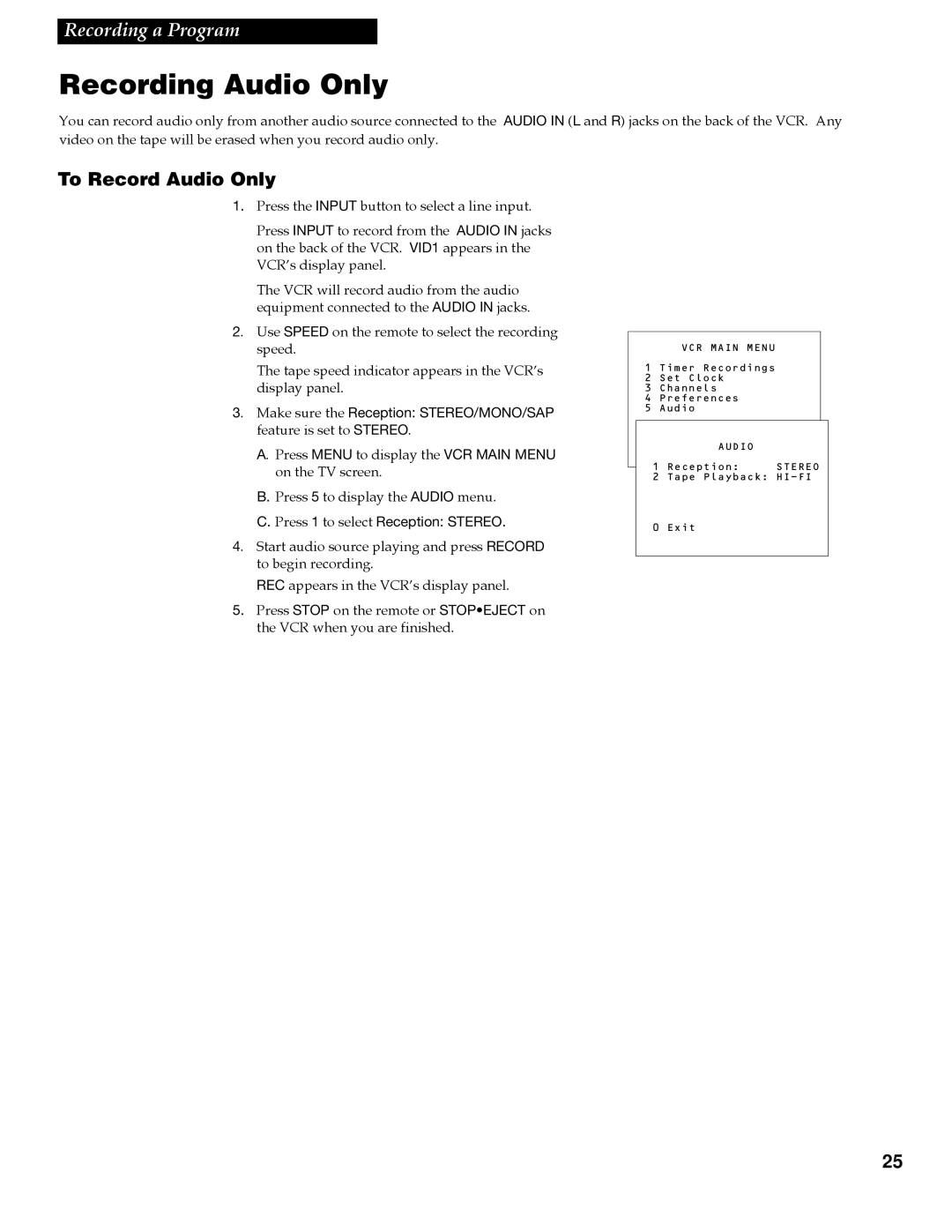 RCA VR609HF manual Recording Audio Only, To Record Audio Only 