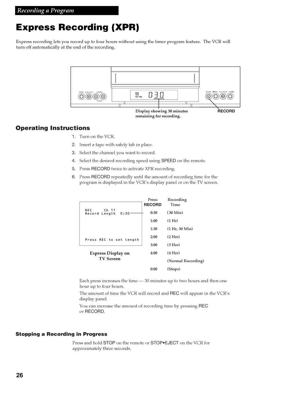 RCA VR609HF manual Express Recording XPR, Operating Instructions, Express Display on TV Screen 