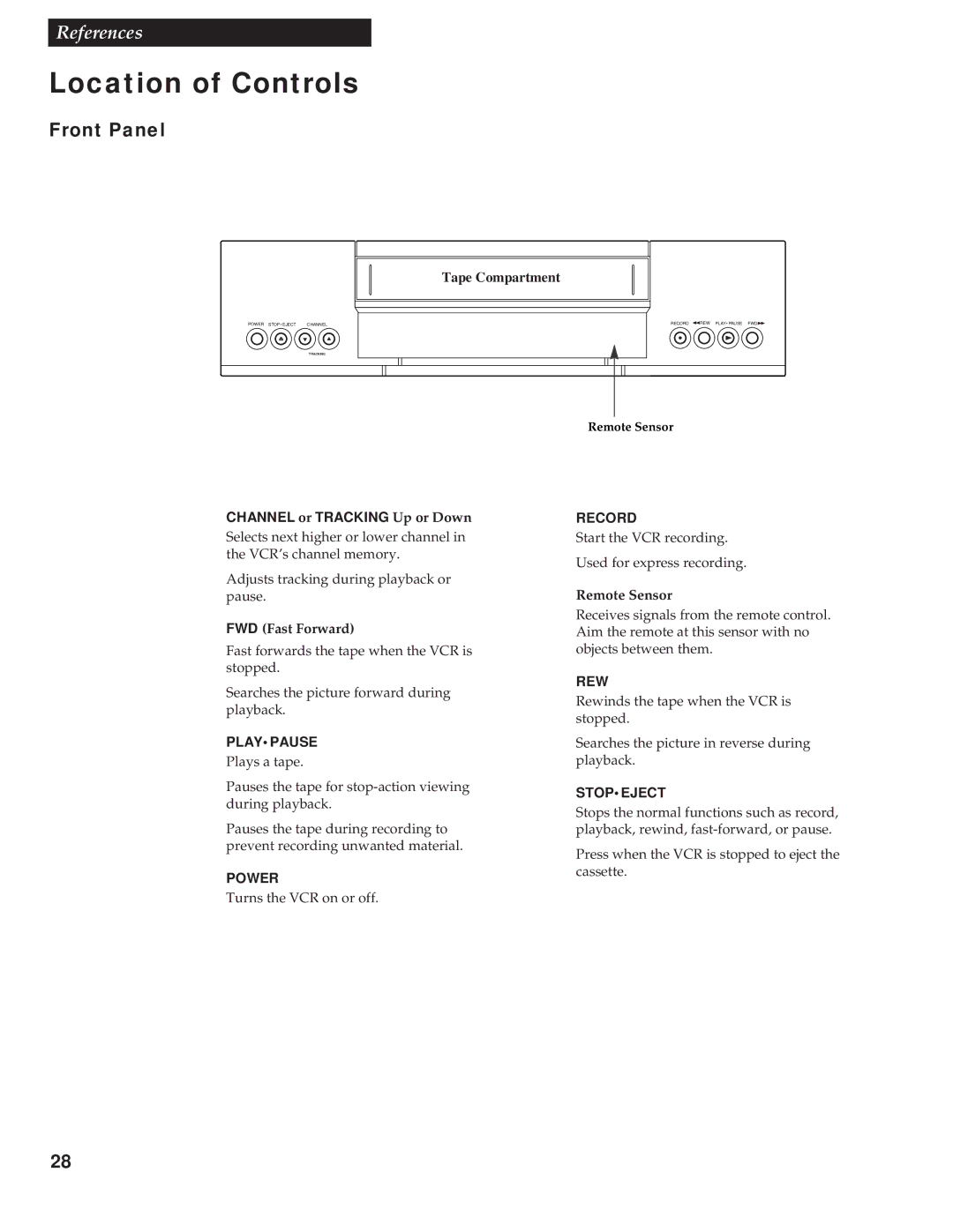 RCA VR609HF manual Location of Controls, Front Panel, Channel or Tracking Up or Down 