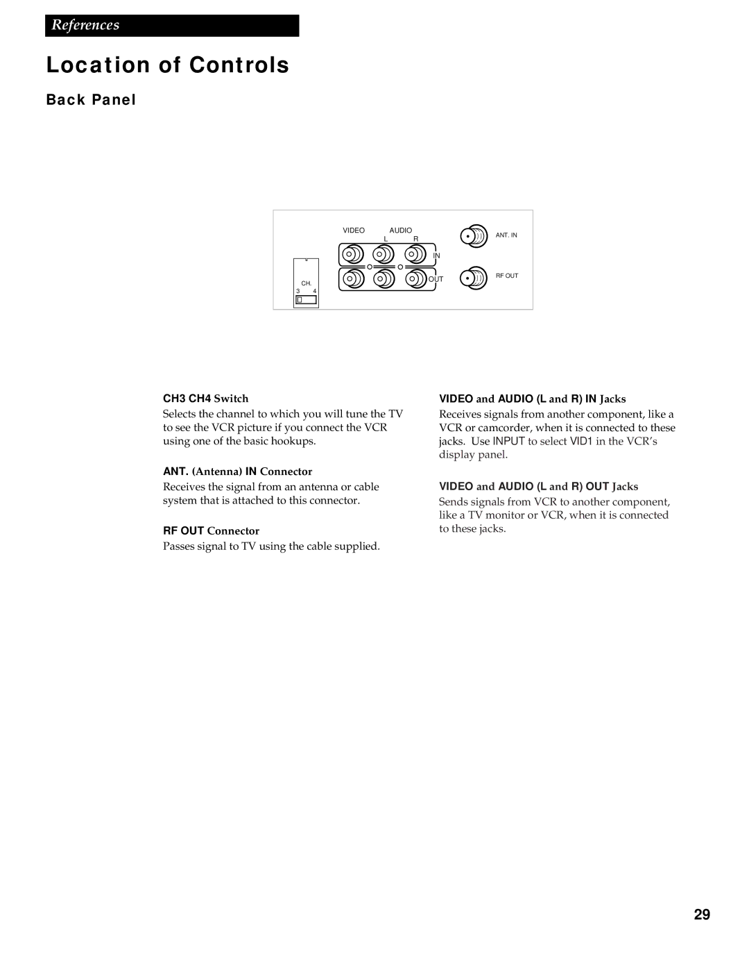 RCA VR609HF manual Back Panel, CH3 CH4 Switch, Video and Audio L and R in Jacks, Video and Audio L and R OUT Jacks 