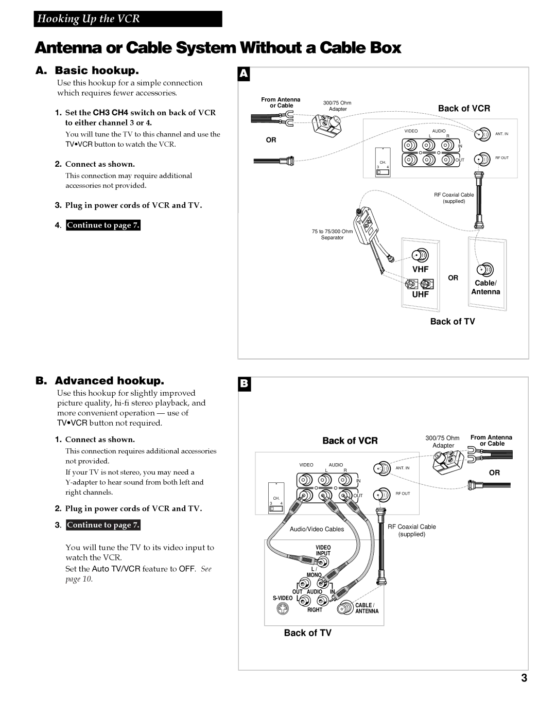 RCA VR609HF manual Antenna or Cable System Without a Cable Box, Basic hookup, Advanced hookup 