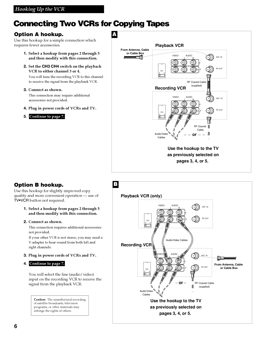 RCA VR609HF Connecting Two VCRs for Copying Tapes, Option a hookup, Option B hookup, Plug in power cords of VCRs and TV 