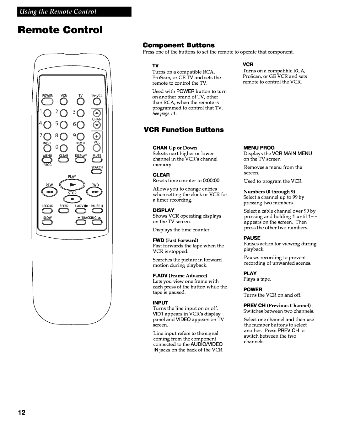 RCA VR609HF Component Buttons, VCR Function Buttons, Using the Remote Control, CHAN Up or Down, Clear, Display, Input 