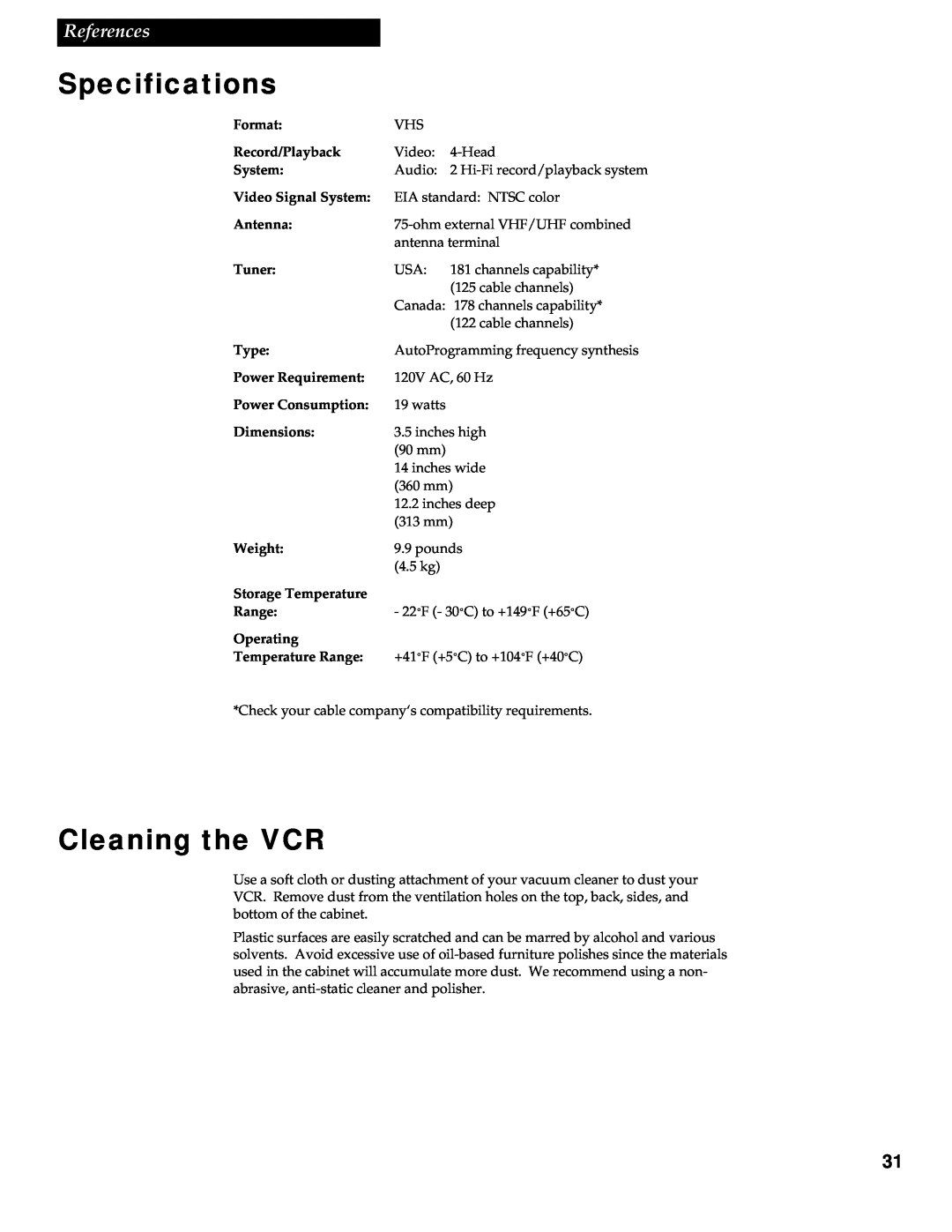 RCA VR609HF manual Specifications, Cleaning the VCR, References 