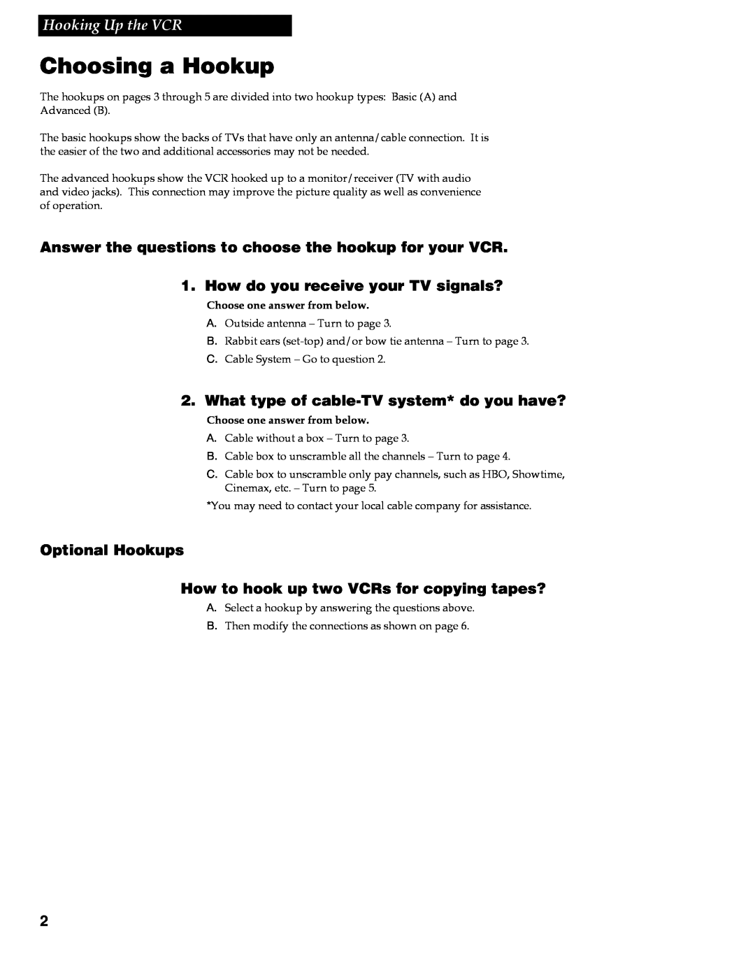 RCA VR609HF manual Choosing a Hookup, Hooking Up the VCR, Answer the questions to choose the hookup for your VCR 