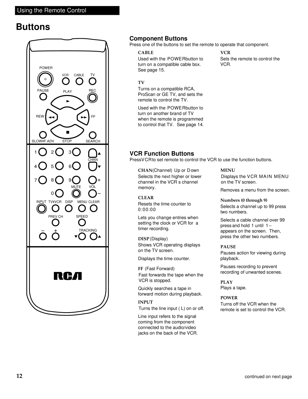 RCA VR613HF manual Component Buttons, VCR Function Buttons 