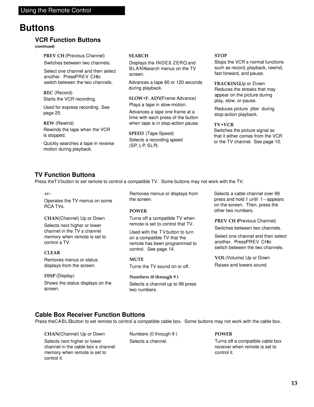 RCA VR613HF manual TV Function Buttons, Cable Box Receiver Function Buttons 