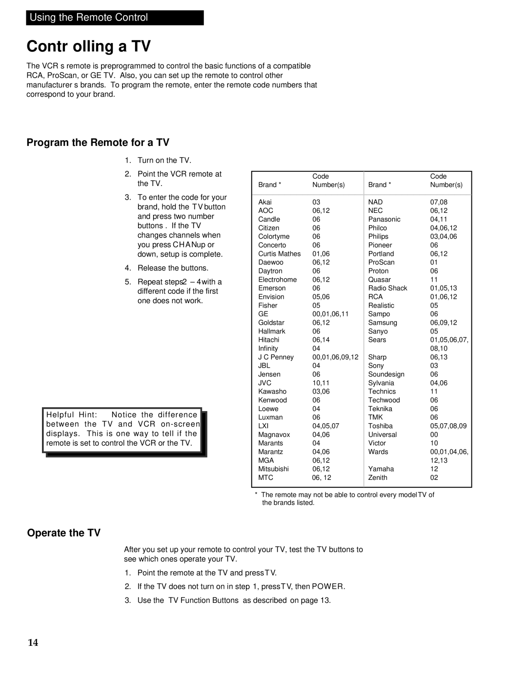 RCA VR613HF manual Controlling a TV, Program the Remote for a TV, Operate the TV 