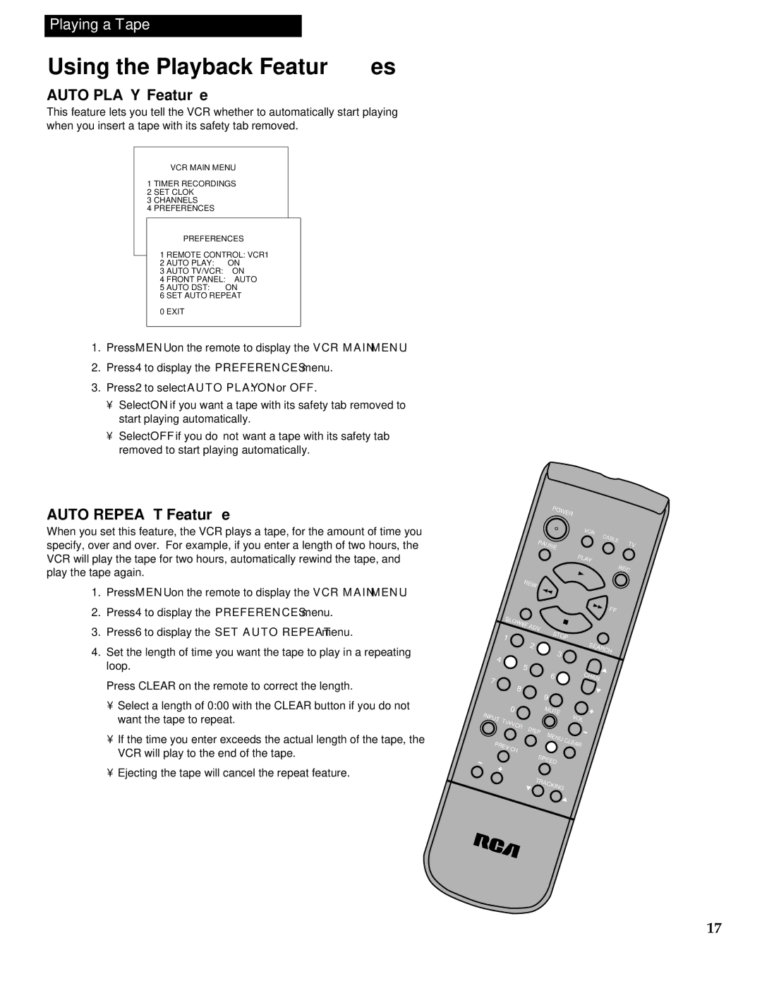 RCA VR613HF manual Using the Playback Features, Auto Play Feature, Auto Repeat Feature 