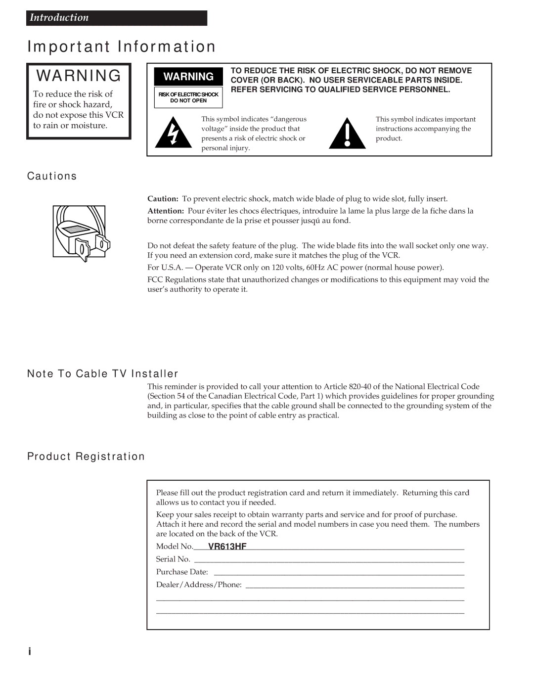 RCA VR613HF manual Important Information, Product Registration 