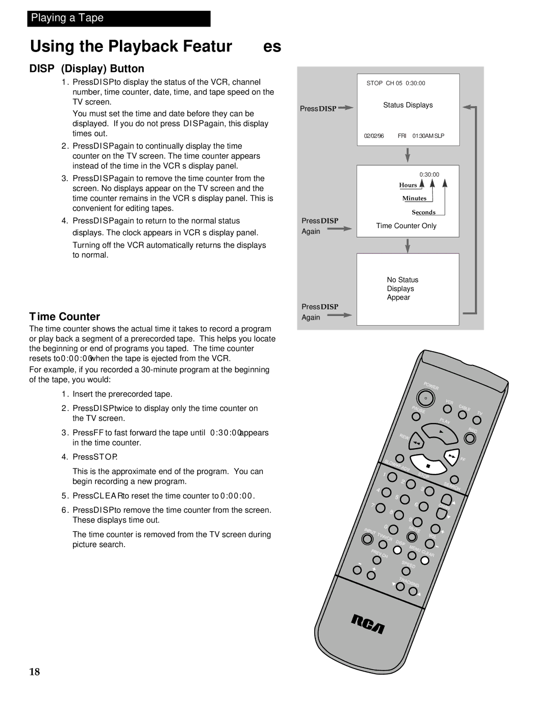 RCA VR613HF manual Disp Display Button, Time Counter 