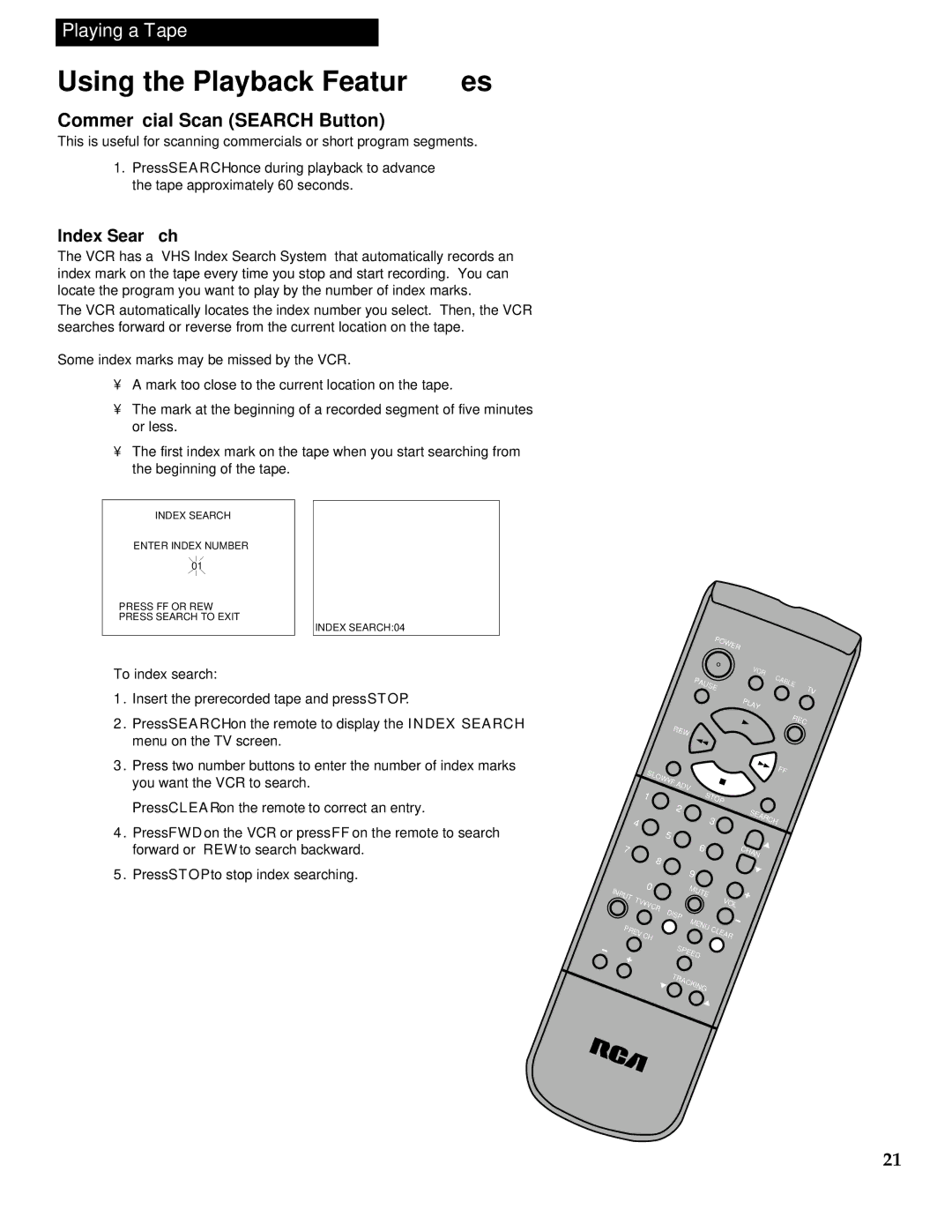 RCA VR613HF manual Commercial Scan Search Button, To index search 