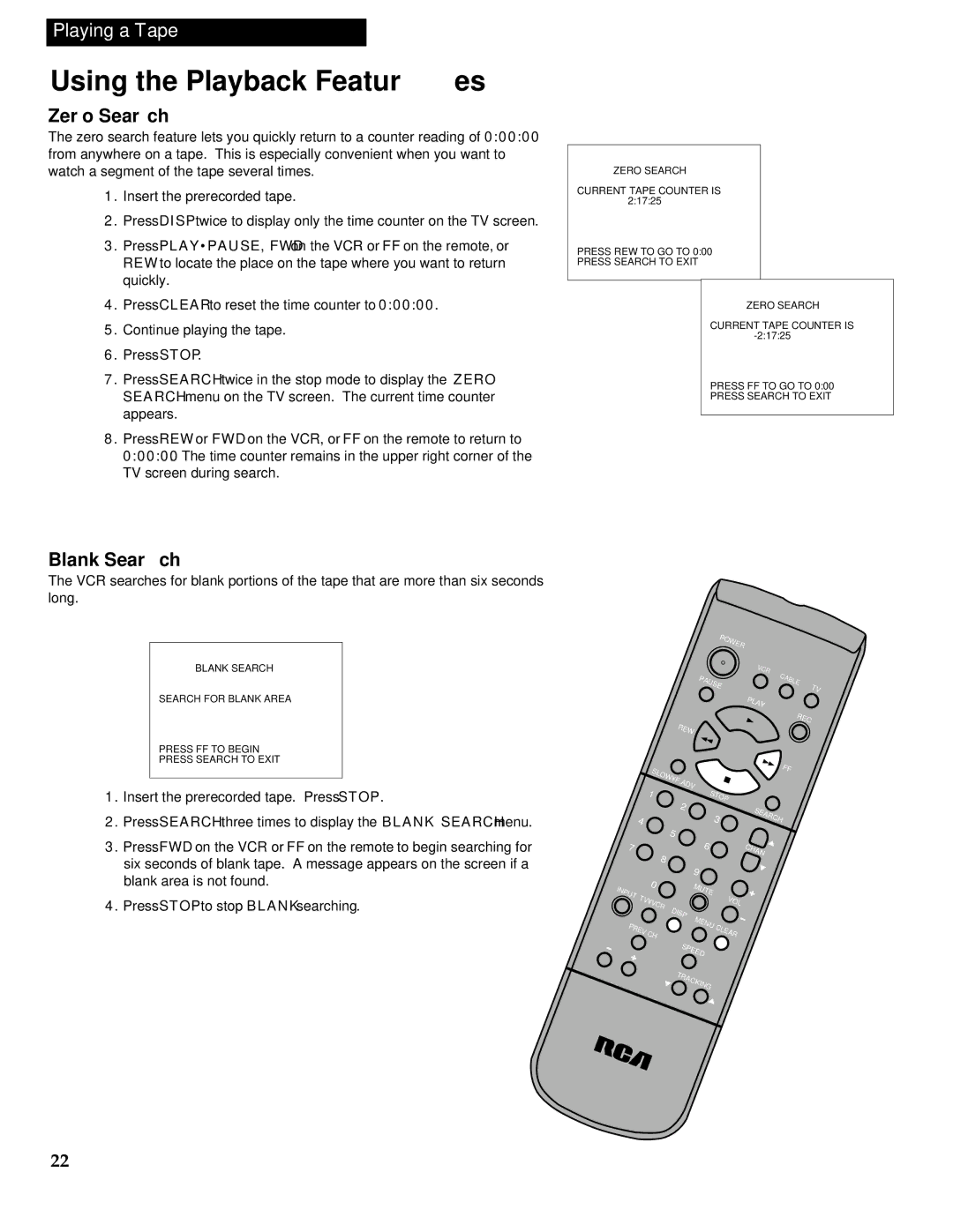 RCA VR613HF manual Zero Search, Blank Search 