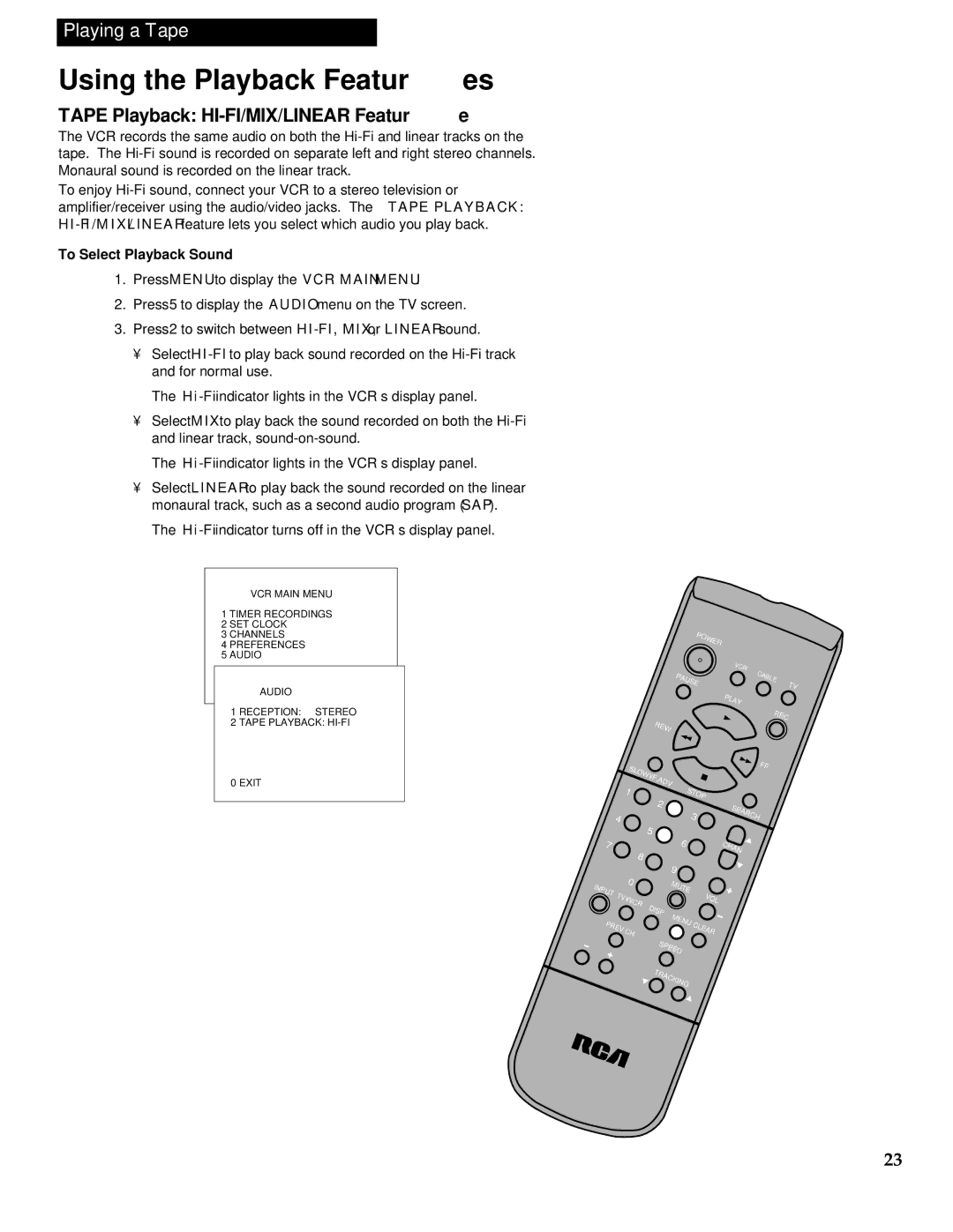 RCA VR613HF manual Tape Playback HI-FI/MIX/LINEAR Feature, To Select Playback Sound 