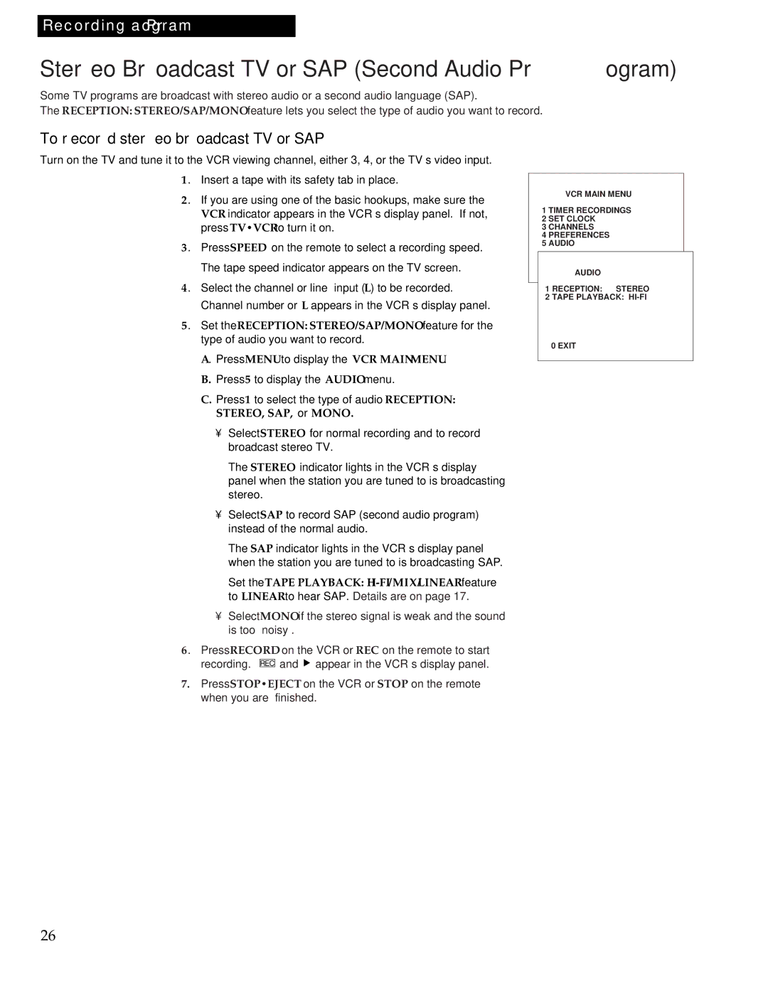 RCA VR613HF manual Stereo Broadcast TV or SAP Second Audio Program, To record stereo broadcast TV or SAP 