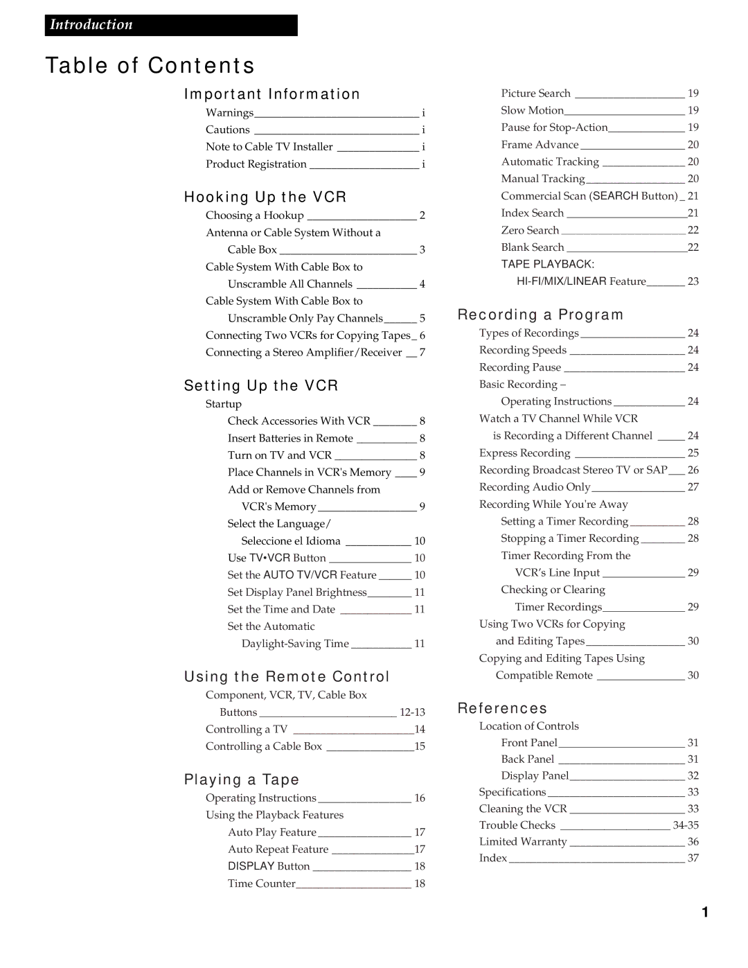 RCA VR613HF manual Table of Contents 