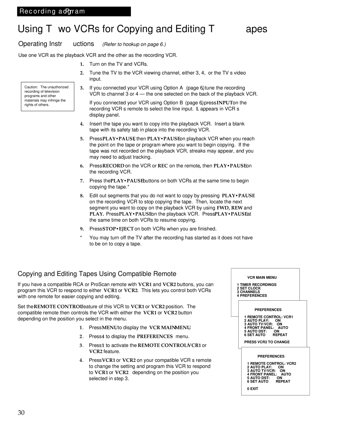 RCA VR613HF manual Using Two VCRs for Copying and Editing Tapes, Copying and Editing Tapes Using Compatible Remote 