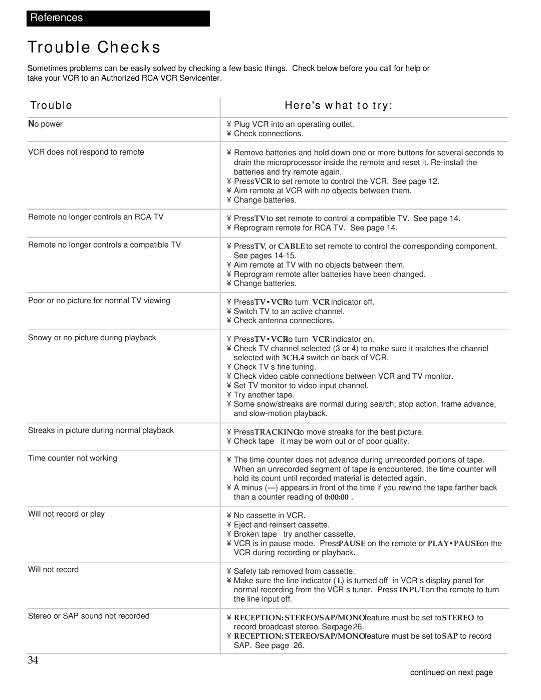 RCA VR613HF manual Trouble Checks, Trouble Heres what to try 