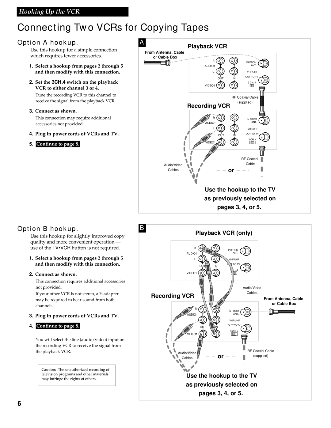 RCA VR613HF manual Connecting Two VCRs for Copying Tapes, Option a hookup, Option B hookup 