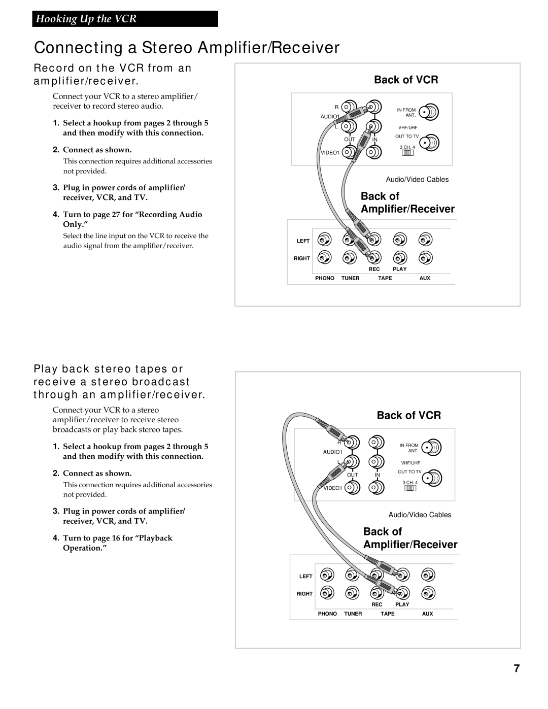 RCA VR613HF Connecting a Stereo Amplifier/Receiver, Record on the VCR from an amplifier/receiver, Back Amplifier/Receiver 