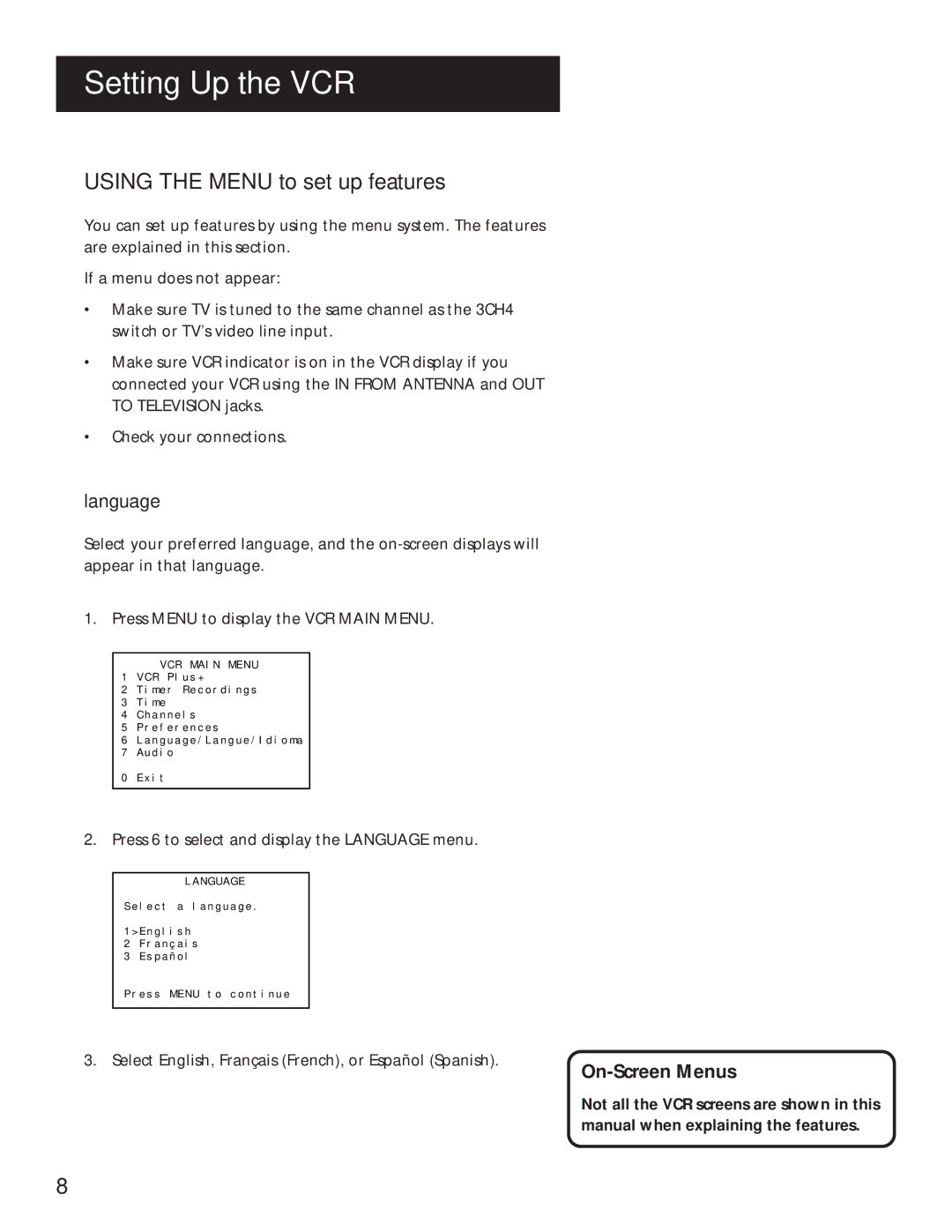 RCA VR616HF manual Using the Menu to SET UP Features, Language, On-Screen Menus 