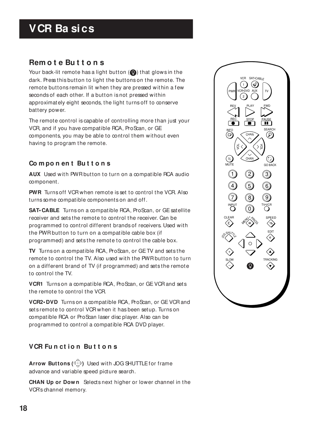 RCA VR616HF manual Remote Buttons, Component Buttons, VCR Function Buttons 