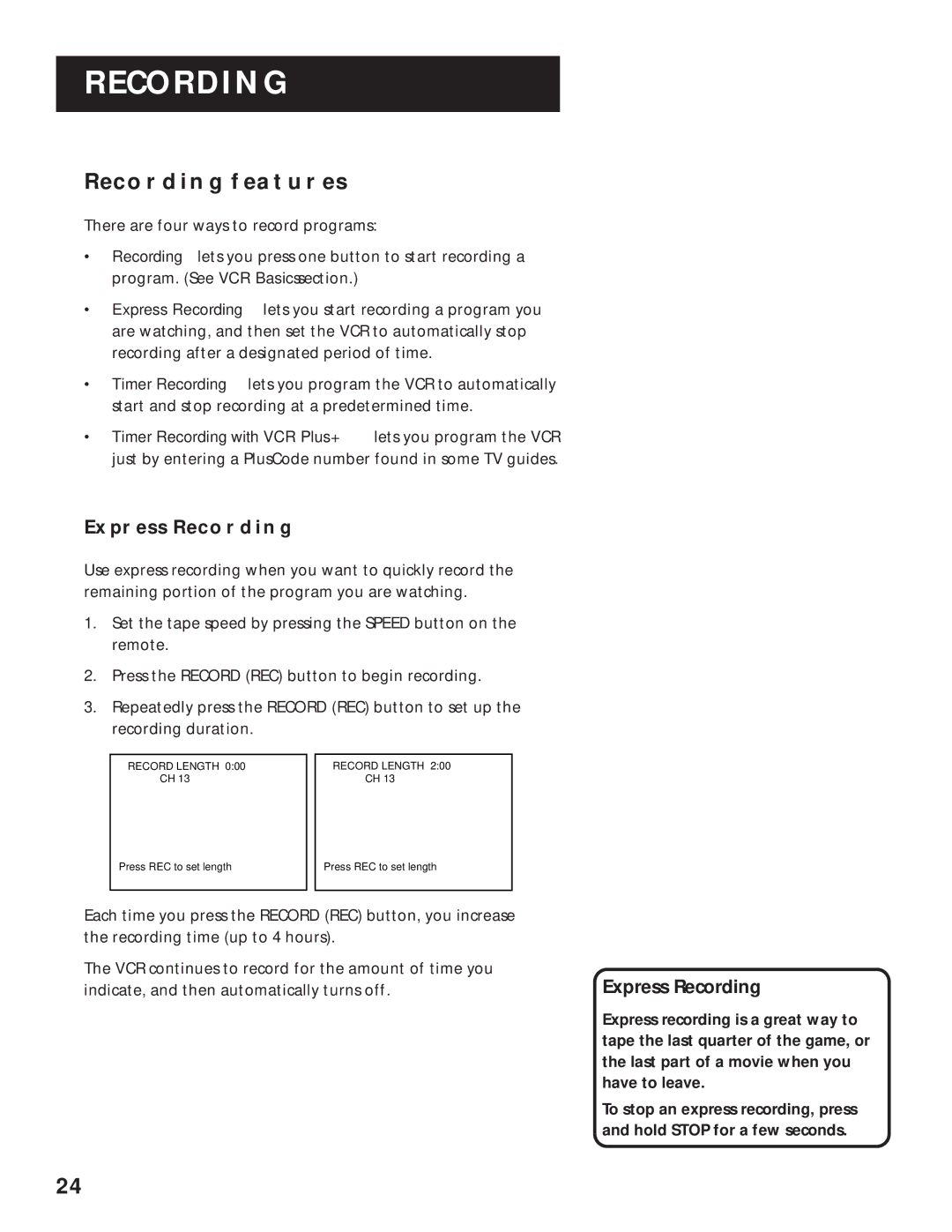 RCA VR616HF manual Recording Features, Express Recording 