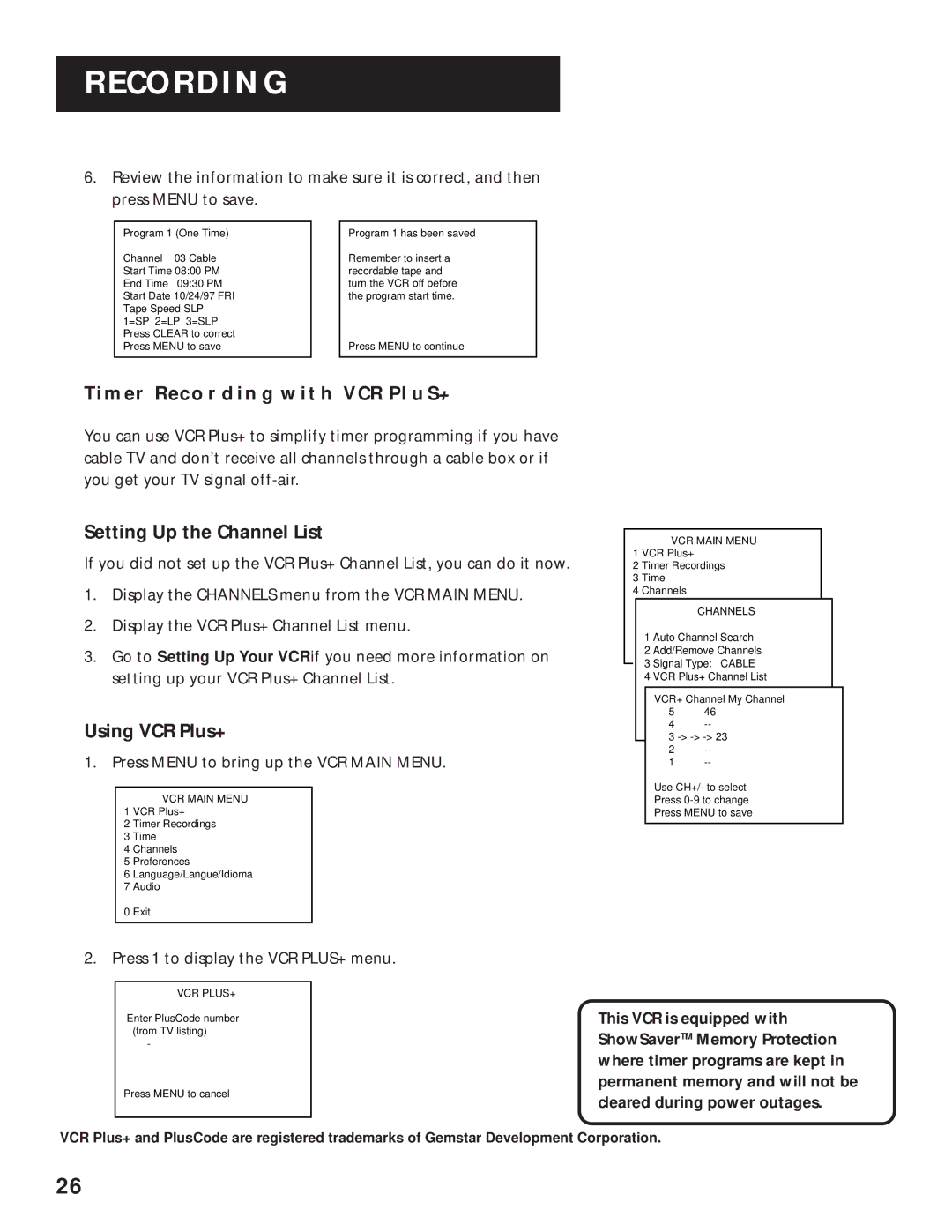 RCA VR616HF manual Timer Recording with VCR PLUS+, Setting Up the Channel List, Using VCR Plus+ 