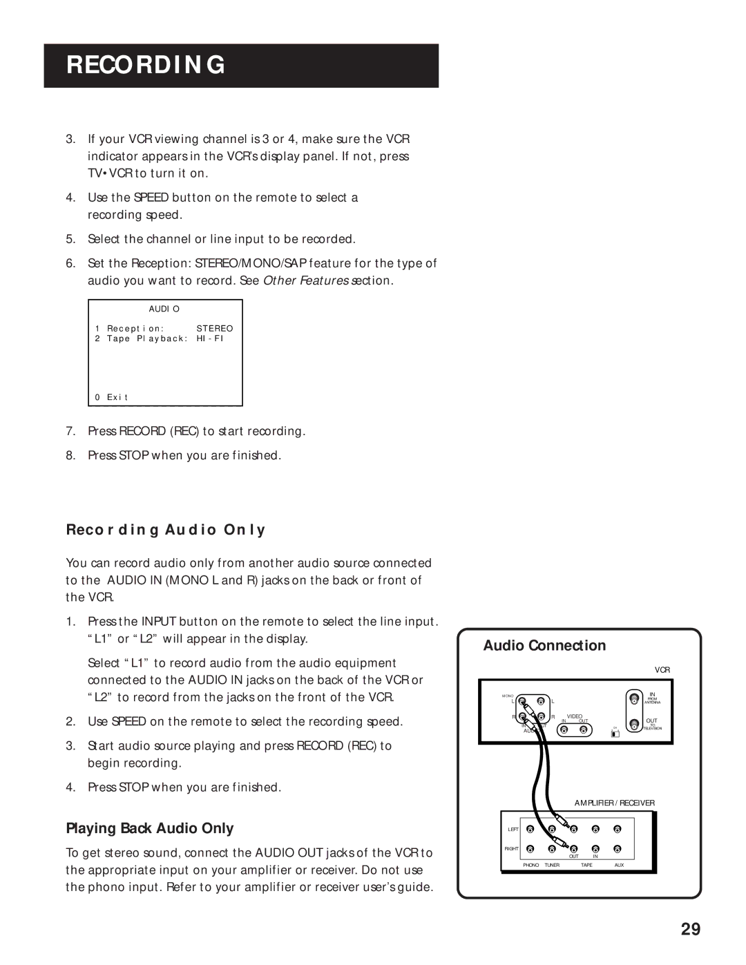 RCA VR616HF manual Recording Audio only, Playing Back Audio Only, Audio Connection 